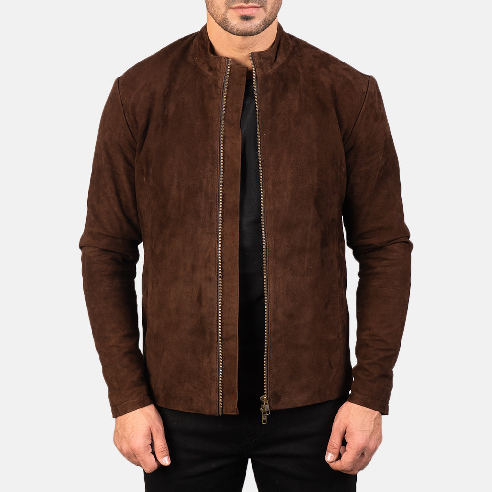 Men's Charcoal Mocha Suede Bikerjacka i Läder för Herr in Dark Brown Goatskin Suede - Front Profile View &amp; Tailored Silhouette | Buy Online