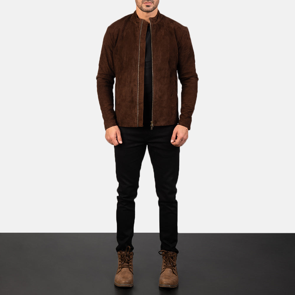 Men's Charcoal Mocha Suede Bikerjacka i Läder för Herr - Lateral Side Profile View Showing Sleeve Cut &amp; Athletic Taper Fit