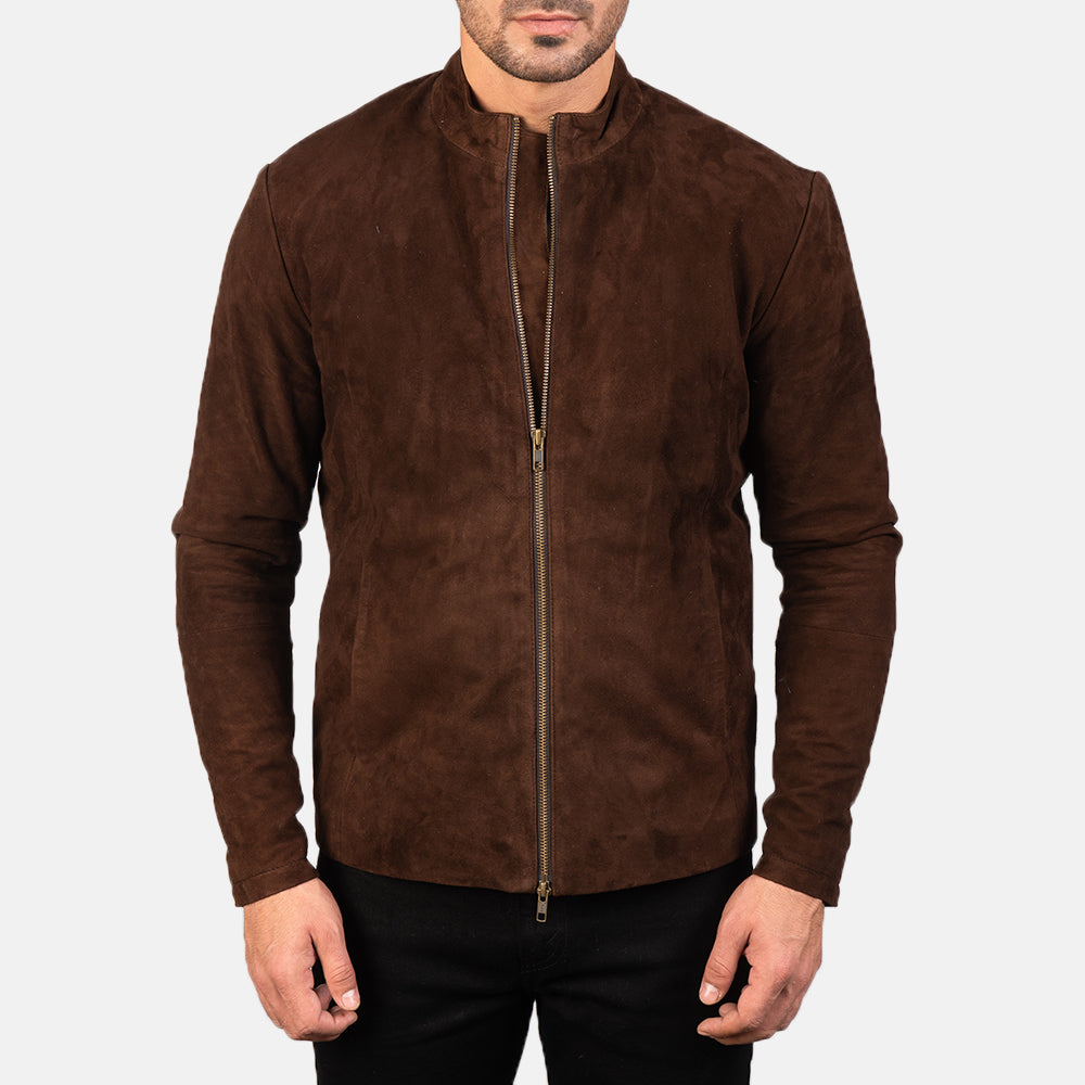 Close-Up Detail of Mandarin &amp; Zipper with Dual Puller Hardware on Men's Charcoal Mocha Suede Bikerjacka i Läder för Herr