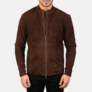 Close-Up Detail of Mandarin &amp; Zipper with Dual Puller Hardware on Men's Charcoal Mocha Suede Bikerjacka i Läder för Herr
