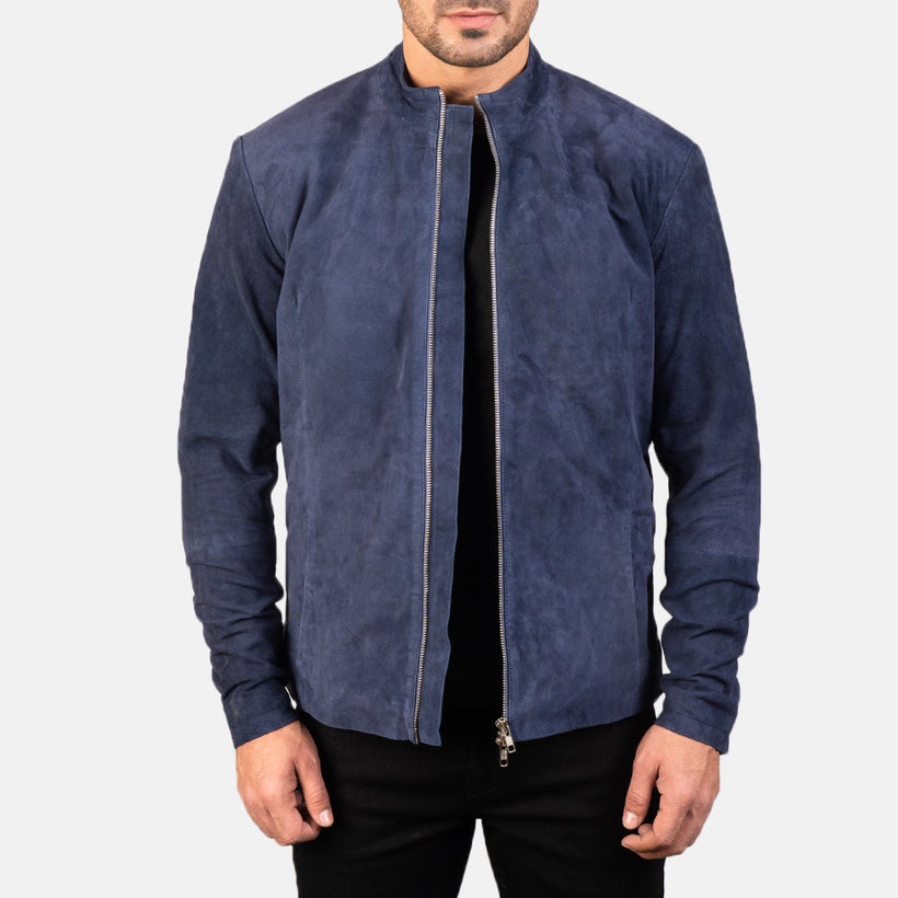 Charcoal Navy Blue Suede Bikerjacka i Läder för Herr