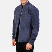 
Navy Blue Goatskin Suede Biker Jacket - Bakifrån med perfekt axelpassform och ren fåll