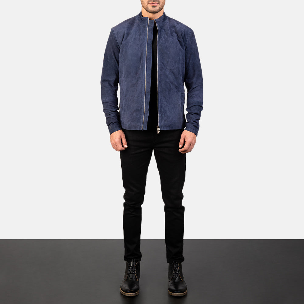 
Charcoal Navy Blå Suede Bikerjacka i Läder för Herr - Sidoprofil som visar ärmskärning