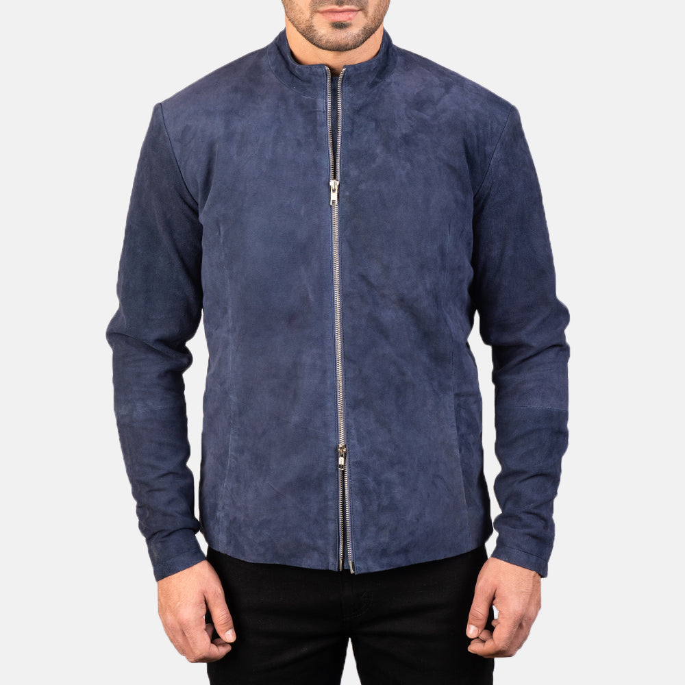 
Närbildsdetalj of Mandarin & Zipper with Dual Puller Hardware on Charcoal Navy Blå Suede Bikerjacka i Läder för Herr