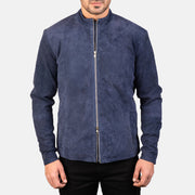 
Närbildsdetalj of Mandarin & Zipper with Dual Puller Hardware on Charcoal Navy Blå Suede Bikerjacka i Läder för Herr