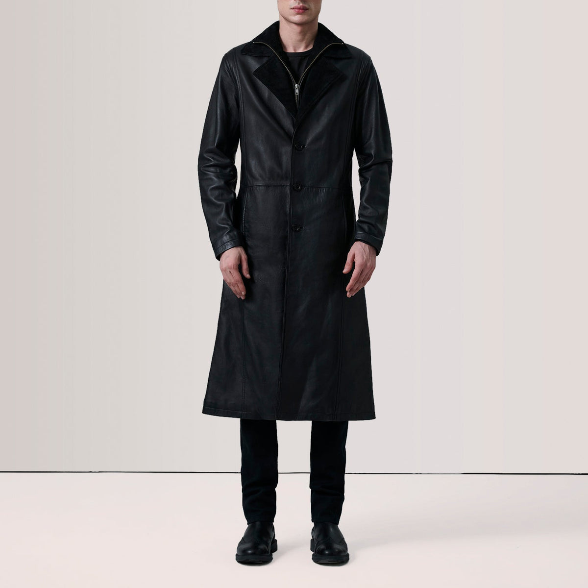 Black Sheepskin leather Coat - Back View Showing Tailored Shoulder Fit &amp; Clean Hemline