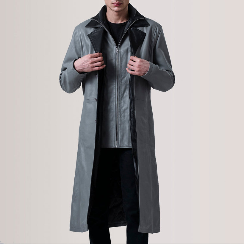 Charlton Grey Leather Single Breasted Coat för Herr