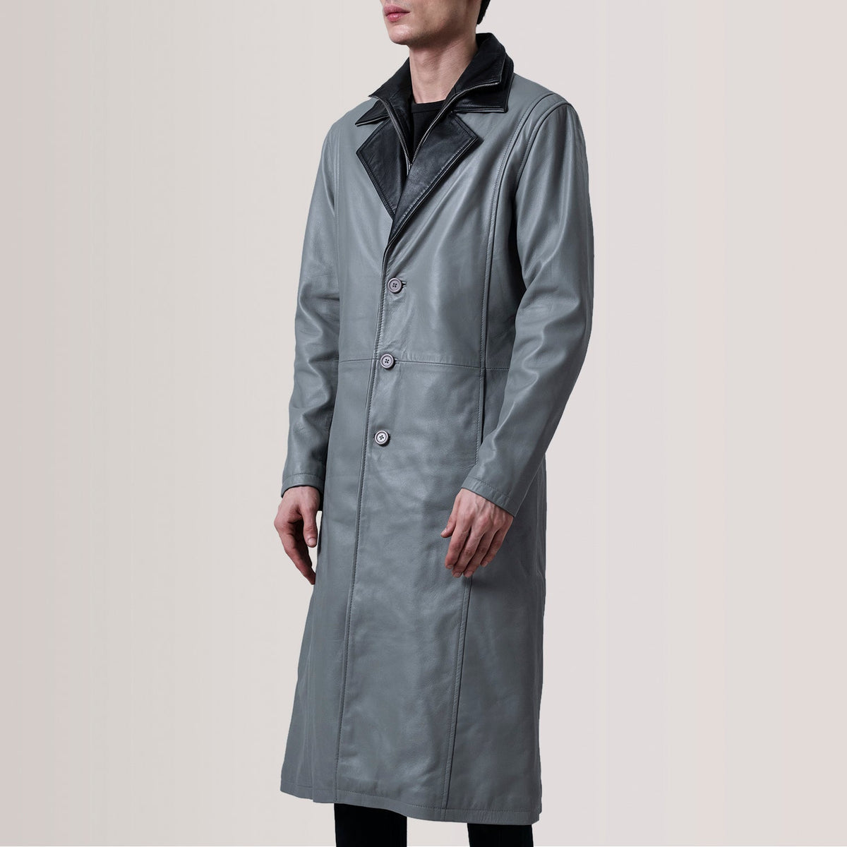 
Charlton Grey Leather Single Breasted Läderrock för Herr For Men - Sidoprofil som visar ärmskärning