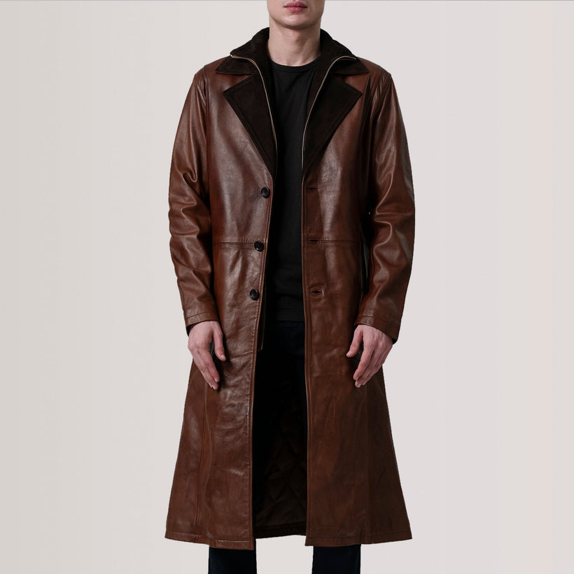 Charlton Waxed Brun Leather Single Breasted Coat för Herr