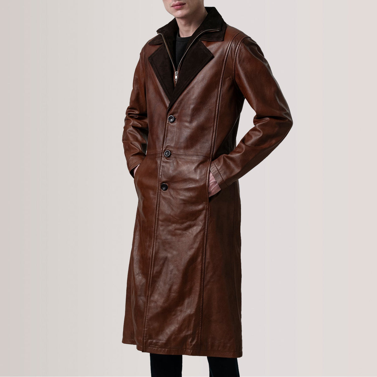 
Charlton Waxed Brun Leather Single Breasted Läderrock för Herr For Men - Sidoprofil som visar ärmskärning
