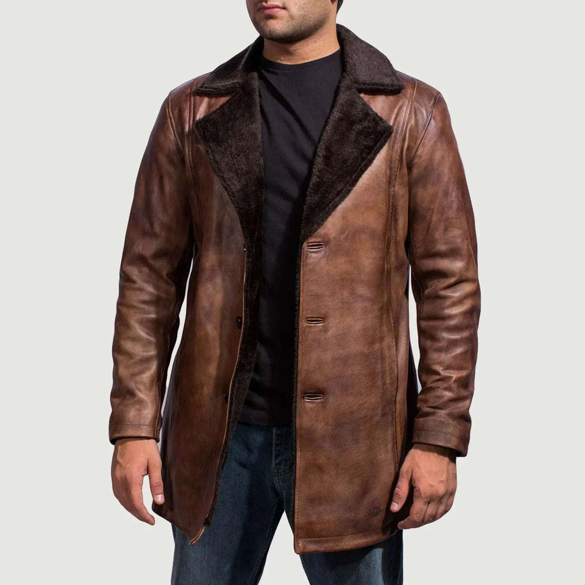 
Cinnamon Distressed Leather Fur Läderrock för Herr in Distressed Brown Sheepskin Burnishing - Framifrån med skräddarsydd silhuett | Handla online
