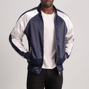 Clarke Blue Varsity Läderjacka för Herr - Lateral Side Profile View Showing Sleeve Cut &amp; Athletic Taper Fit