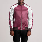 Clarke Maroon Varsity Läderjacka för Herr in Maroon &amp; White Satin - Front Profile View &amp; Tailored Silhouette | Buy Online