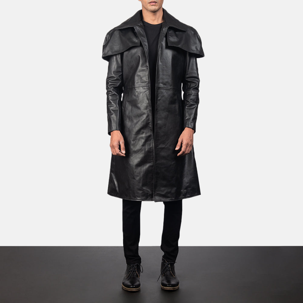 Men's Classic Svart Leather Duster för Herr in Black Cowhide Leather - Front Profile View &amp; Tailored Silhouette | Buy Online