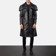 Men's Classic Svart Leather Duster för Herr in Black Cowhide Leather - Front Profile View &amp; Tailored Silhouette | Buy Online