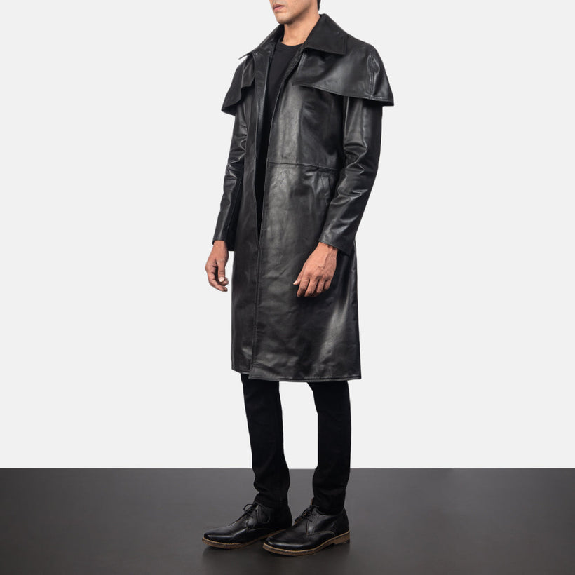 Classic Svart Leather Duster för Herr