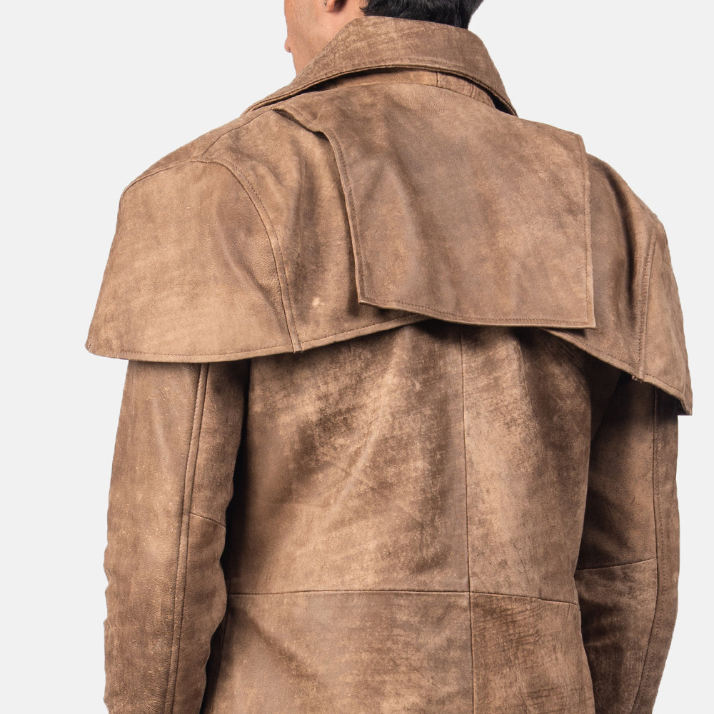 Close-Up Detail of Classic Collar &amp; Heavy-Duty Zipper Hardware on Men's Classic Brun Leather Duster för Herr