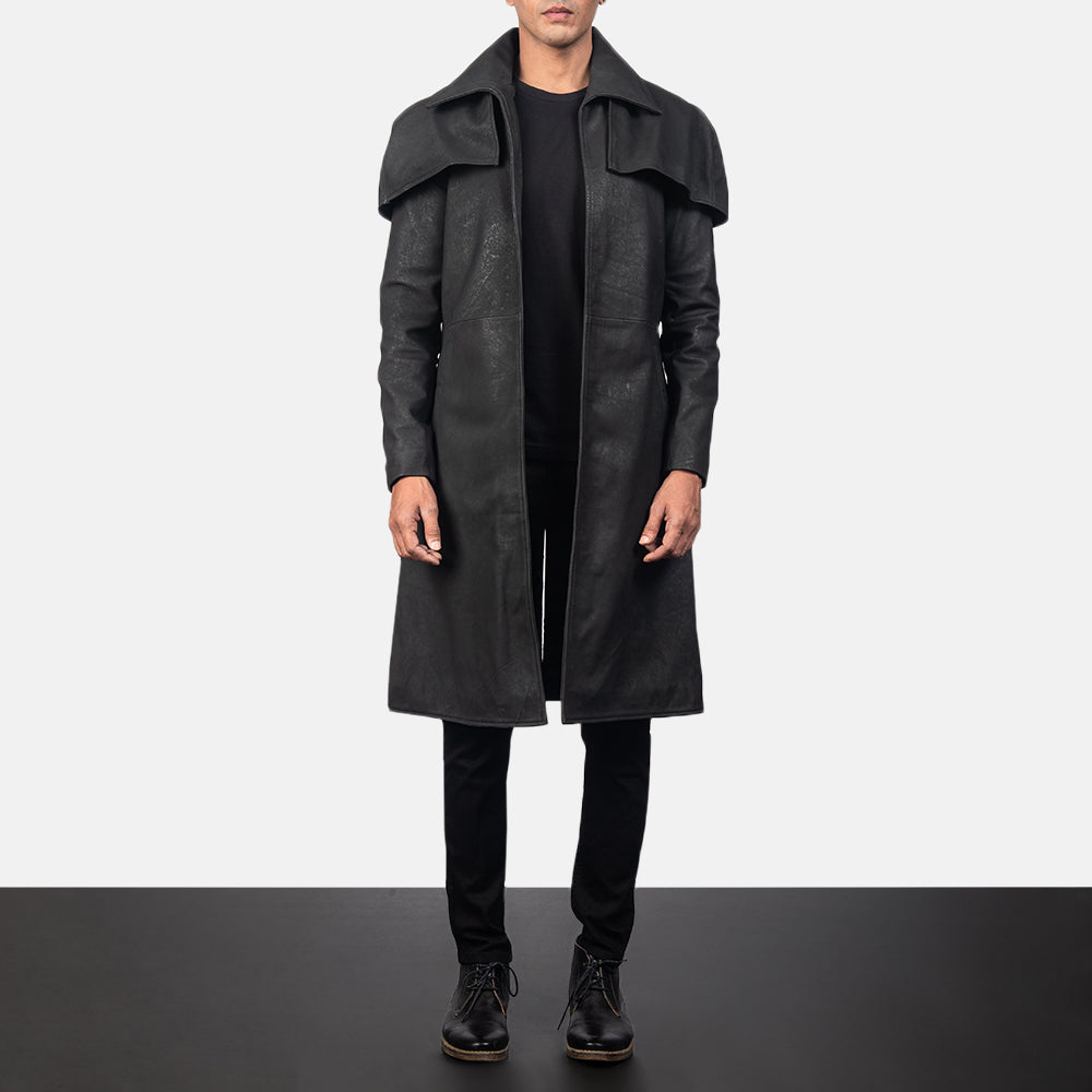Men's Classic Distressed Svart Leather Duster för Herr in Distressed Black Sheepskin Snuffed - Front Profile View &amp; Tailored Silhouette | Buy Online