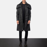 Men's Classic Distressed Svart Leather Duster för Herr in Distressed Black Sheepskin Snuffed - Front Profile View &amp; Tailored Silhouette | Buy Online