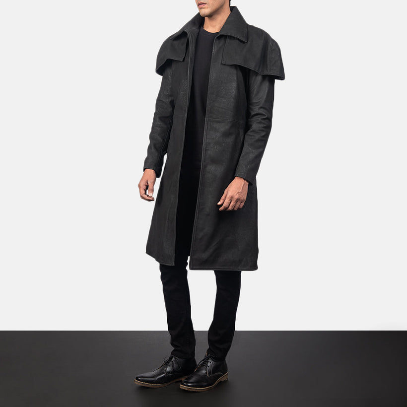 Classic Distressed Svart Leather Duster för Herr