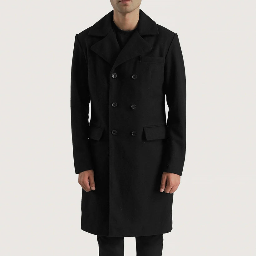 Claud Svart Wool Double-Breasted Coat för Herr