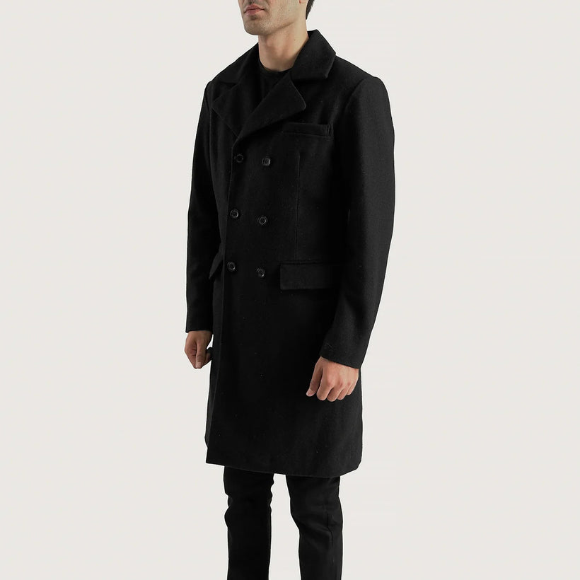 Claud Svart Wool Double-Breasted Coat för Herr