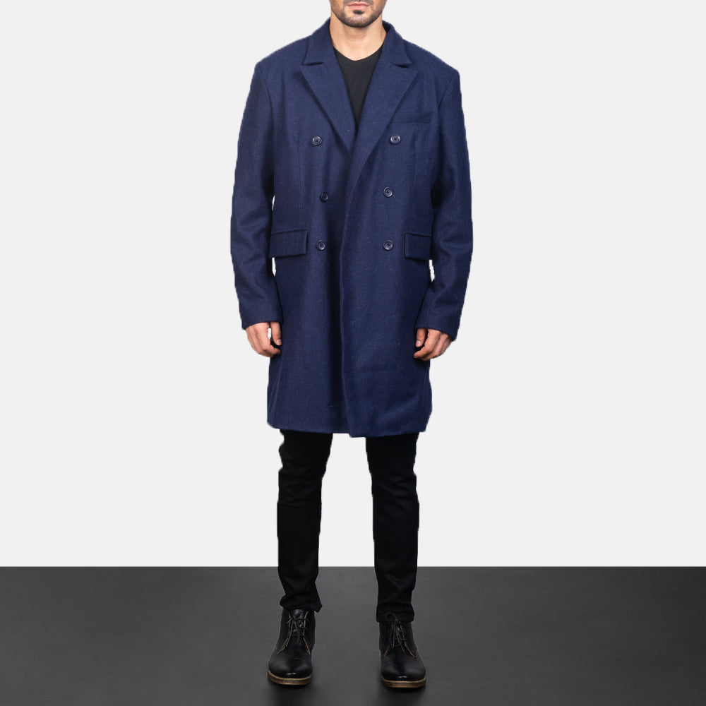 
Blue Wool Double Breasted Coat in Navy Blue Synthetic Wool - Framifrån med skräddarsydd silhuett | Handla online