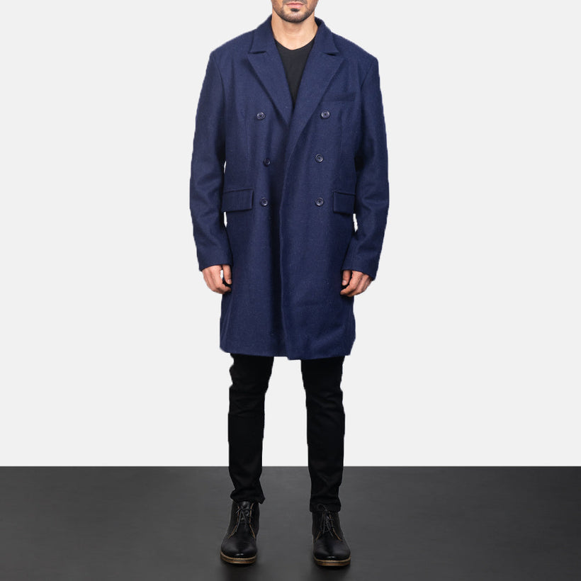 Claud Blue Wool Double-Breasted Coat för Herr