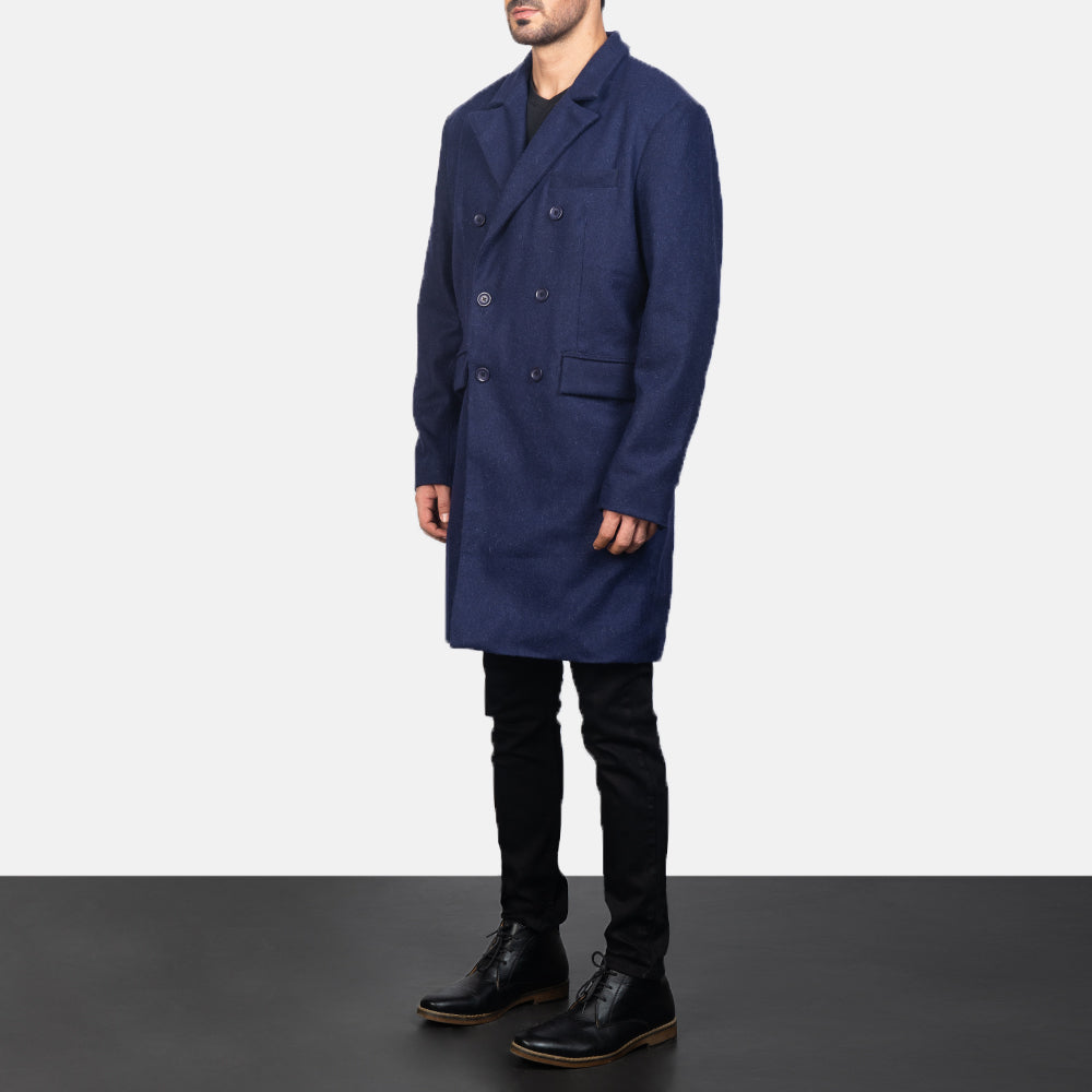 
Navy Blue Synthetic Wool Trench Coat - Bakifrån med perfekt axelpassform och ren fåll