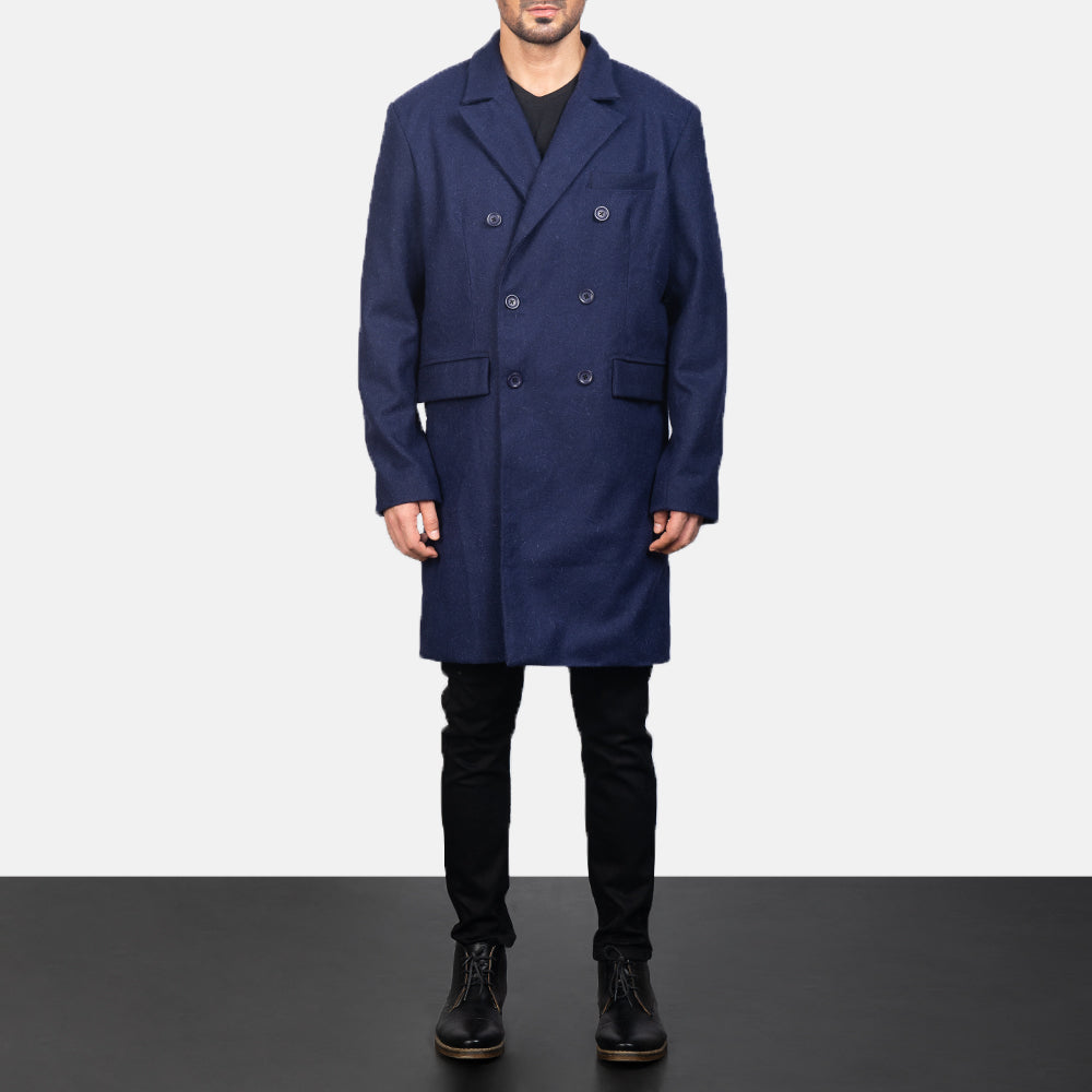 
Blue Wool Double Breasted Coat - Sidoprofil som visar ärmskärning