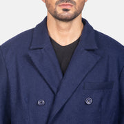 
Närbildsdetalj of Notch & Button Hardware on Blue Wool Double Breasted Coat
