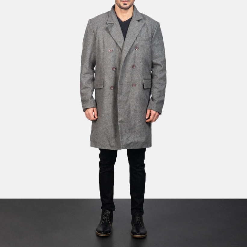 Claud Grey Wool Double-Breasted Coat för Herr