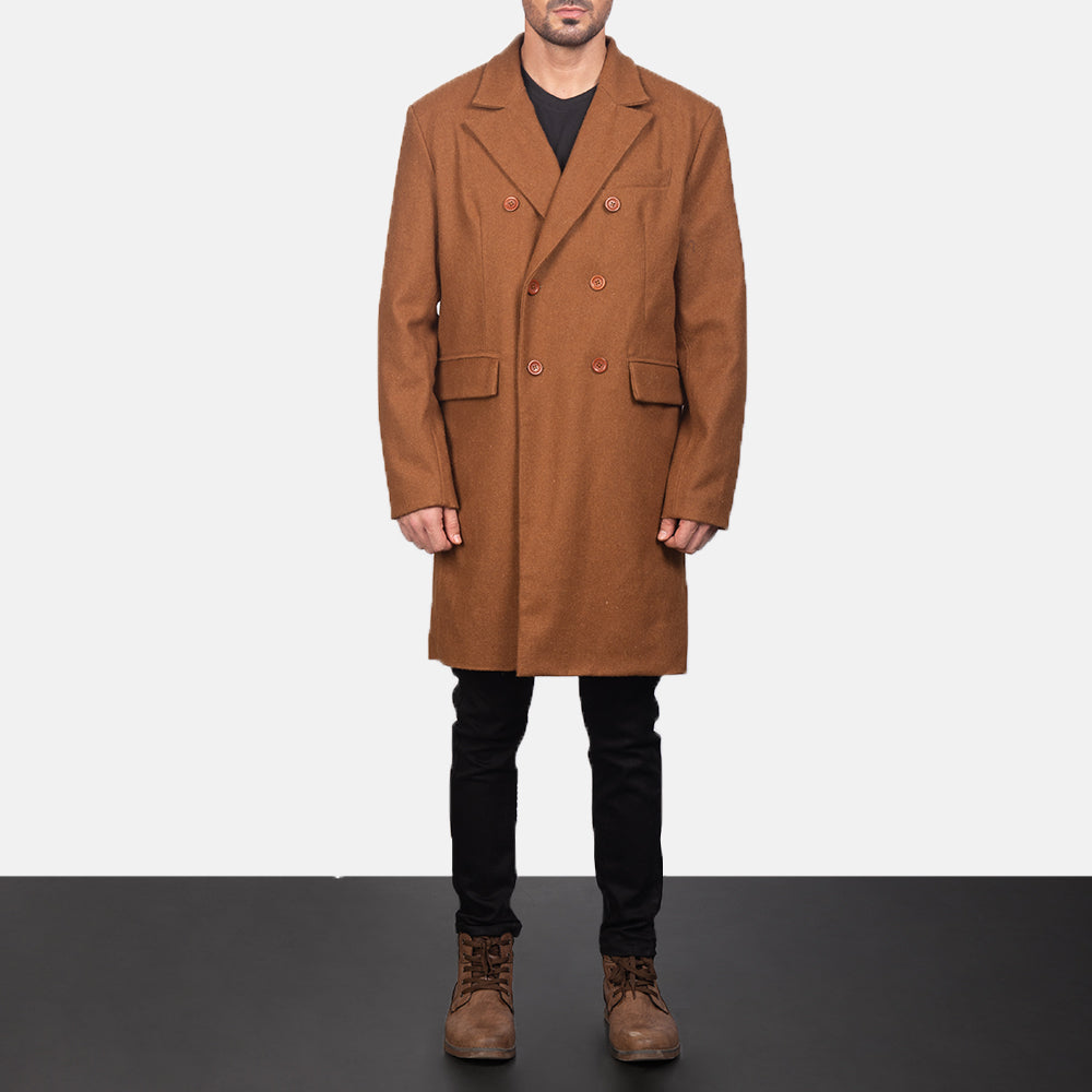 
Claud Khaki Wool Double Breasted Coat in Khaki Synthetic Wool - Framifrån med skräddarsydd silhuett | Handla online
