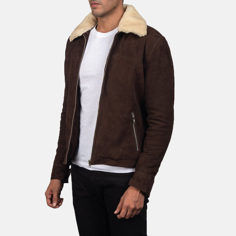 Coffner Brun Shearling Fur Läderjacka för Herr