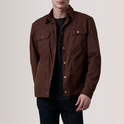 Colberto Brun Waxed Canvas Trucker Läderjacka för Herr For Men in Brown Waxed Cotton Canvas - Front Profile View &amp; Tailored Silhouette | Buy Online