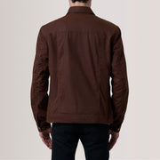 Close-Up Detail of Classic Collar &amp; Snap Button Hardware on Colberto Brun Waxed Canvas Trucker Läderjacka för Herr For Men