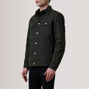 
Colberto Olive Waxed Canvas Trucker Läderjacka för Herr For Men - Sidoprofil som visar ärmskärning