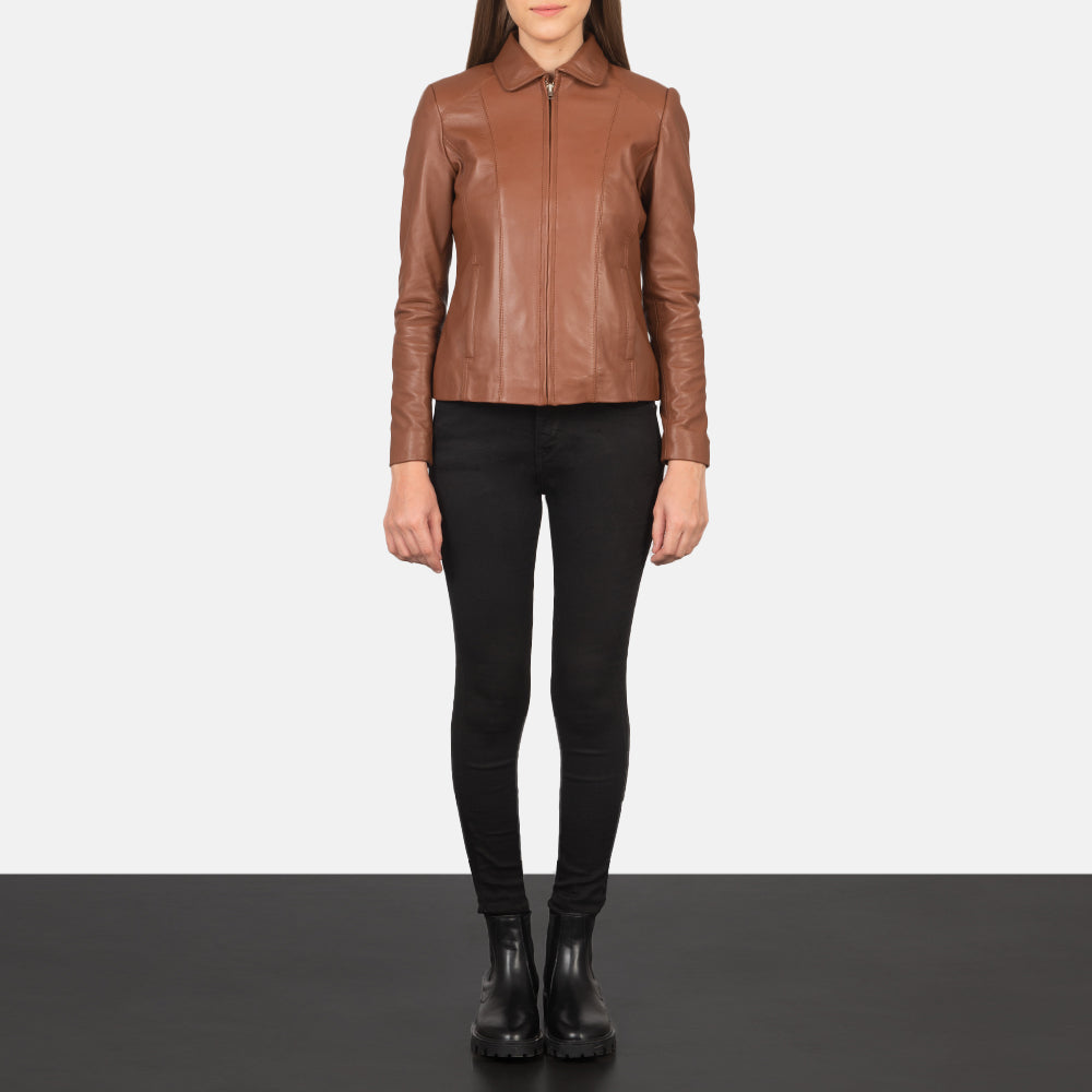 Women Colette Brun Läderjacka för Dam - Lateral Side Profile View Showing Sleeve Cut &amp; Athletic Taper Fit
