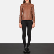 Women Colette Brun Läderjacka för Dam - Lateral Side Profile View Showing Sleeve Cut &amp; Athletic Taper Fit
