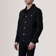 Conard Svart Denim Trucker Läderjacka för Herr For Men - Lateral Side Profile View Showing Sleeve Cut &amp; Athletic Taper Fit