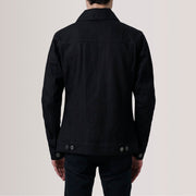 Close-Up Detail of Classic Collar &amp; Heavy-Duty Zipper Hardware on Conard Svart Denim Trucker Läderjacka för Herr For Men