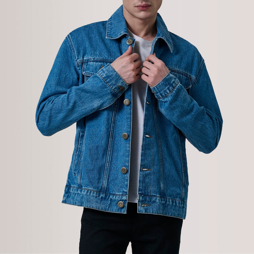 Conard Blå Denim Trucker Läderjacka för Herr