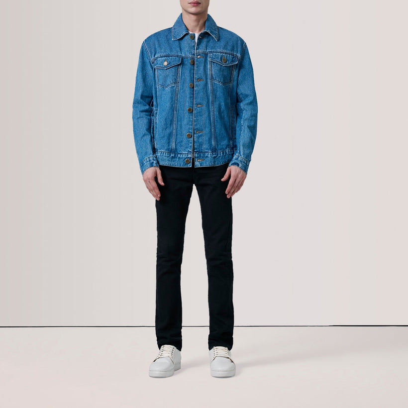 Conard Blå Denim Trucker Läderjacka för Herr