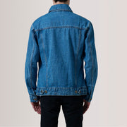 Close-Up Detail of Classic Collar &amp; Heavy-Duty Zipper Hardware on Conard Blue Denim Trucker Läderjacka för Herr For Men