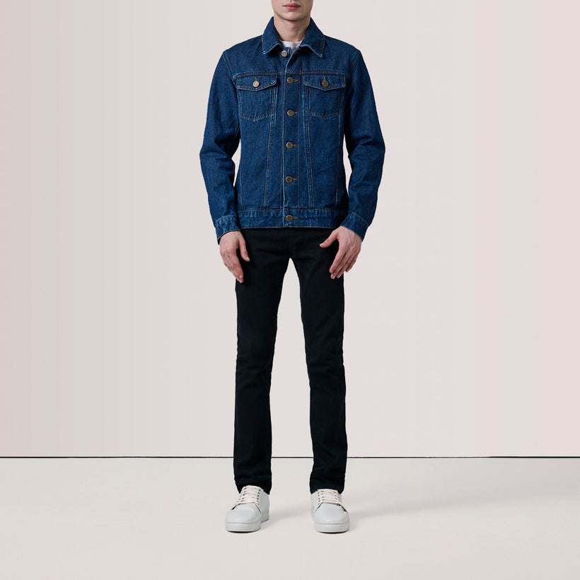 Conard Dark Blå Denim Trucker Läderjacka för Herr