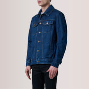 Conard Dark Blue Denim Trucker Läderjacka för Herr For Men - Lateral Side Profile View Showing Sleeve Cut &amp; Athletic Taper Fit