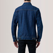 Close-Up Detail of Classic Collar &amp; Heavy-Duty Zipper Hardware on Conard Dark Blue Denim Trucker Läderjacka för Herr For Men