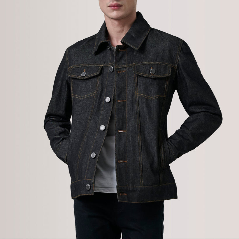 Conard Faded Svart Denim Trucker Läderjacka för Herr
