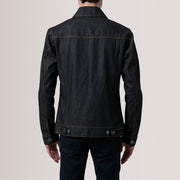 
Närbildsdetalj of Classic Collar & Heavy-Duty Zipper Hardware on Conard Faded Svart Denim Trucker Läderjacka för Herr For Men