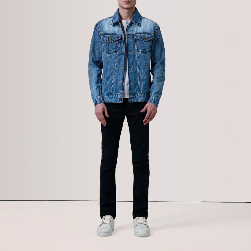 Conard Ice Blå Denim Trucker Läderjacka för Herr